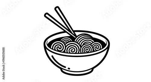 Simple Line Art of Delicious Noodles in a Bowl with Chopsticks