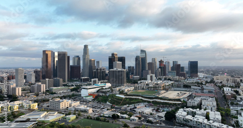 Los Angeles downtown skyline financial district. Los Angeles modern skyscrapers urban cityscape. Los Angeles skyline towers business center. Los Angeles aerial drone panorama view.