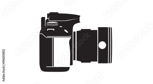 Black and white silhouette of a modern DSLR camera, top view, isolated on white background.