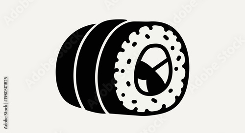 Black and white sushi roll icon, simple graphic illustration on a plain background.
