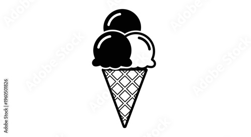 Black and white ice cream cone with three scoops, minimalist vector illustration