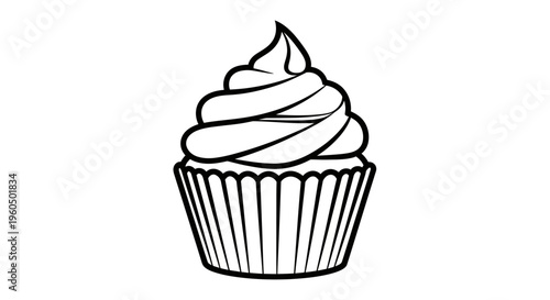 Black and White Outline of a Delicious Cupcake with Swirl Frosting