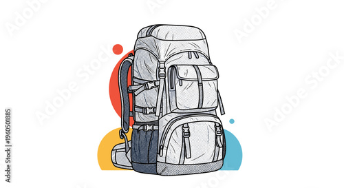 Robust hiking backpack with multiple pockets and straps is shown in a detailed grayscale stippled style with colorful background circles.