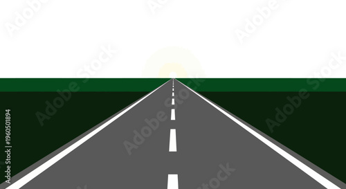 Open road ahead, driving towards the sun on a clear day, perspective view