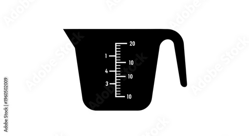 Black Measuring Cup with White Volume Markings Isolated on White Background
