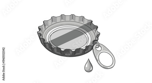 Metal bottle cap with a pull ring and a single metallic drop hanging from it is depicted in a detailed grayscale technical style.
