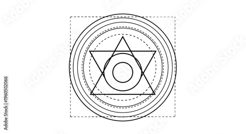 Intricate geometric occult symbol consisting of a central star, multiple concentric circles, and dashed squares is drawn in black lines.