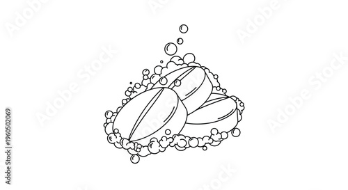 Three round white effervescent tablets are surrounded by a cloud of small bubbles in this clean black and white line art drawing.