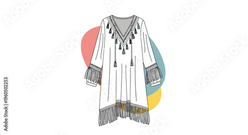 White boho-style tunic dress with V-neck, fringe edges, and colorful hanging tassels is presented on an abstract background.