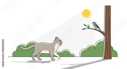 Cat Stalking Bird in Sunny Garden