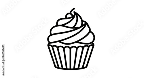 Simple black and white line drawing of a cupcake with frosting and a cherry on top
