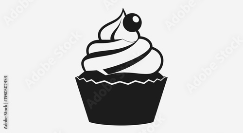 Black and white cupcake icon with cherry on top, simple vector illustration
