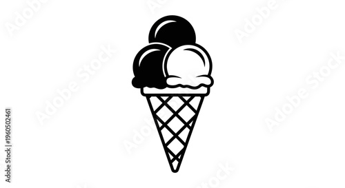 Black and White Ice Cream Cone with Three Scoops
