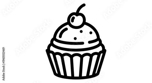 Simple cupcake icon with cherry on top, black and white line art