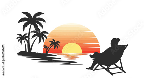Silhouette of woman relaxing in deck chair watching tropical beach sunset with palm trees