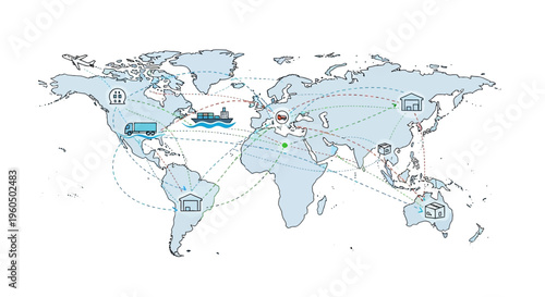 Global Logistics Network: World Map with Shipping Routes and Icons