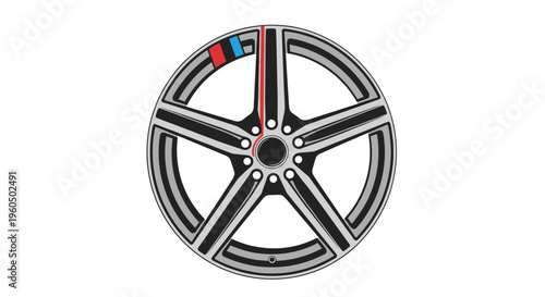 Modern car wheel rim in silver and black colors with three small colored stripes is isolated on a white background.
