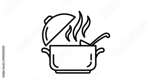 Steaming Pot with Lid Ajar and Ladle, Cooking Concept Icon
