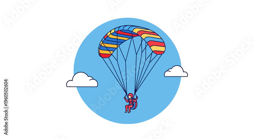 Skydiver Parachuting with Colorful Canopy in Blue Sky with Clouds