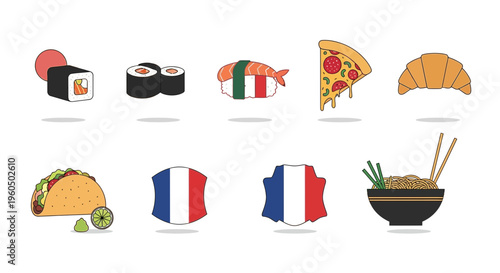 Diverse Food Icons: Sushi, Pizza, Taco, Croissant, Noodles, French Flags