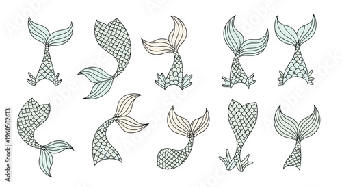 Set of ten various mermaid tails with different scales and fin shapes in soft blue and pink colors on a white background.