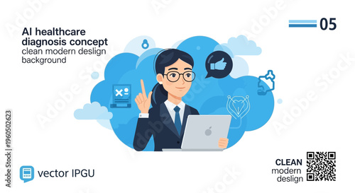 AI healthcare diagnosis concept: doctor with laptop and medical icons, modern clean design