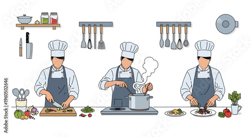 Chefs preparing food in kitchen: chopping, cooking, plating. Culinary process illustration.