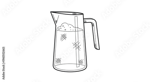 Simple black and white line drawing of a glass pitcher filled with water and ice is isolated on a white background.