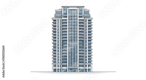 Modern High-Rise Apartment Building with Glass Balconies and White Facade on White Background