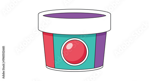 Small colorful plastic tub with a white lid and a red circle on the front is isolated on a white background for design.