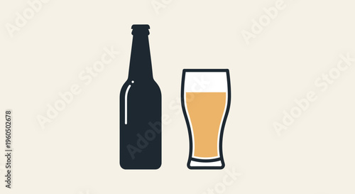 Dark Beer Bottle and Glass of Lager with Foam on Light Background