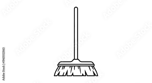 Simple line drawing of a broom, isolated on a white background, symbolizing cleaning and tidiness.