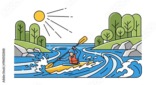 Man kayaking down river rapids in sunny weather, line art illustration