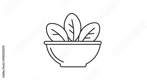 Simple line art icon of a bowl filled with fresh green spinach leaves, healthy food concept.