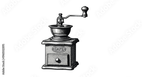 Detailed vintage hand-crank coffee grinder with a wooden base and metal hopper is shown in an etching style illustration.