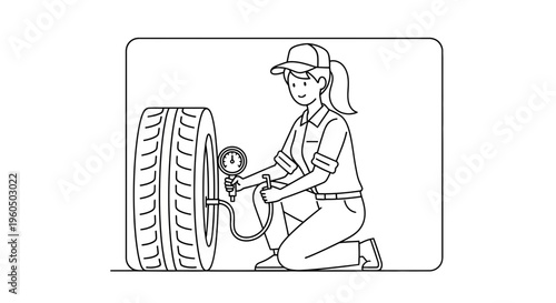 Woman mechanic checking tire pressure with gauge, car service, auto repair, maintenance