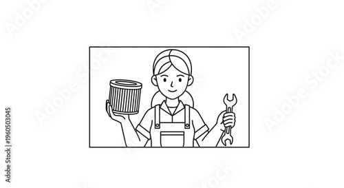 Woman Mechanic Holding Air Filter and Wrench, Ready for Car Repair Service