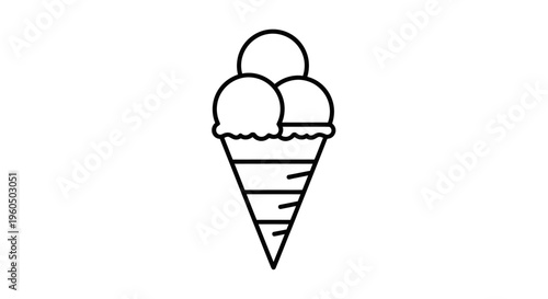 Simple Line Art Ice Cream Cone with Three Scoops