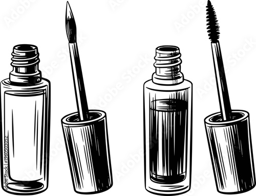 Black and white line of cosmetic bottles with applicators for eyeliner and mascara