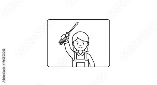 Woman Mechanic Holding Screwdriver Up High, Ready for Work, Simple Line Art Icon