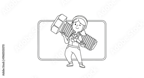 Woman Mechanic Holding Giant Bolt, Construction Worker, Industrial Strength, DIY Repair