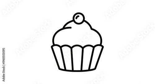 Simple line art icon of a cupcake with a cherry on top, isolated on white background.