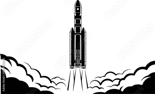 Black and white of a powerful rocket launching into the sky with smoke plumes space