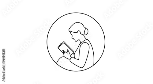 Woman reading a book in a circle, minimalist line art, illustration of knowledge and education