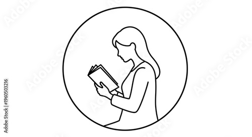 Woman reading a book in a circle illustration, minimalist line art, education and knowledge concept
