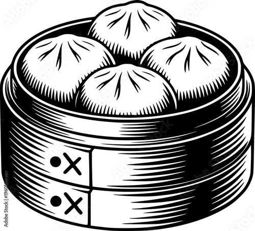 Black and White of Steamed Dumplings in a Bamboo Steamer Basket food