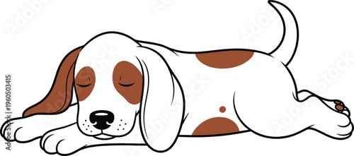 Cute sleeping puppy character with brown spots and long ears lying down tired young dog pet cad drawing flat vector illustration isolated white.