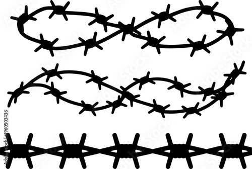 Black barbed wire a white background isolated fence security
