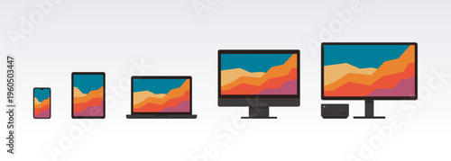 デバイス別レスポンシブデザインの比較　ブラックのスマートフォンからデスクトップまでの画面表示ベクター