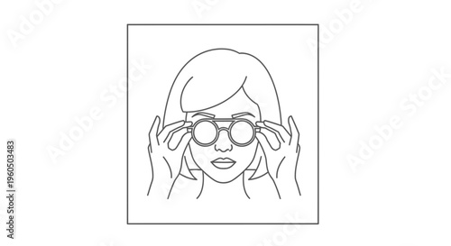 Woman Adjusting Round Glasses, Close-up Portrait, Line Art Illustration